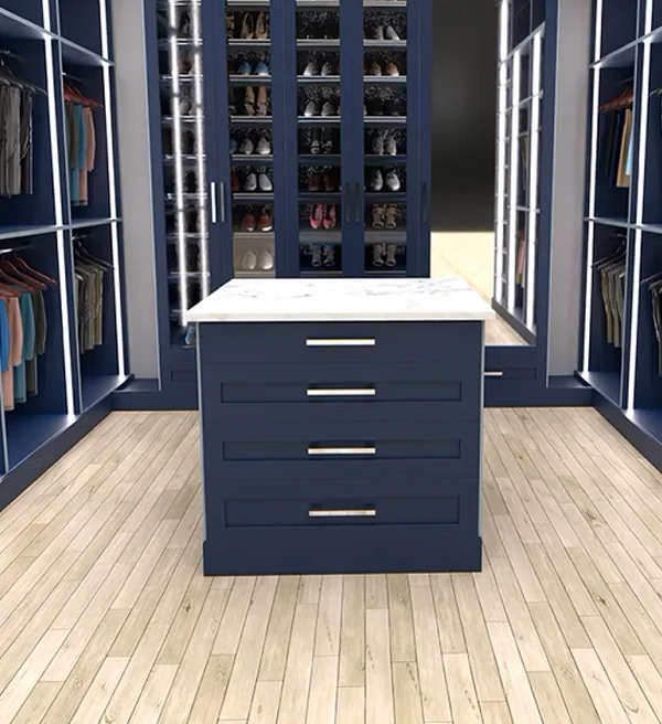 3D rendering of a navy walk-in closet with a center island and lighted shelving